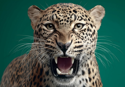 Leopard zeigt Zähne vor grünem Hintergrund