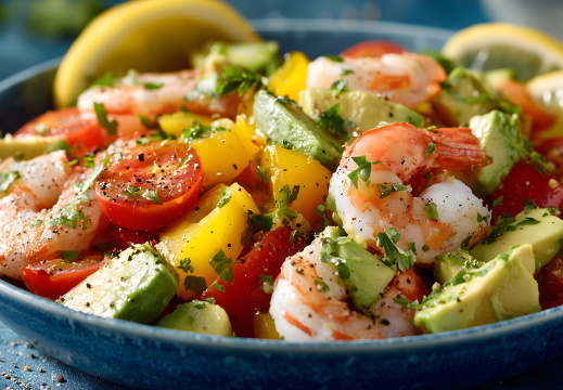 Garnelensalat mit Avocado und Tomaten in Nahaufnahme