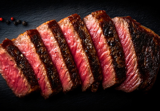 Medium Rare Steak in Streifen geschnitten auf dunklem Hintergrund