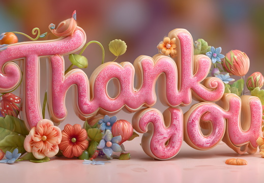 Thank You Schriftzug im bunten 3D Cartoonstil mit Blumen