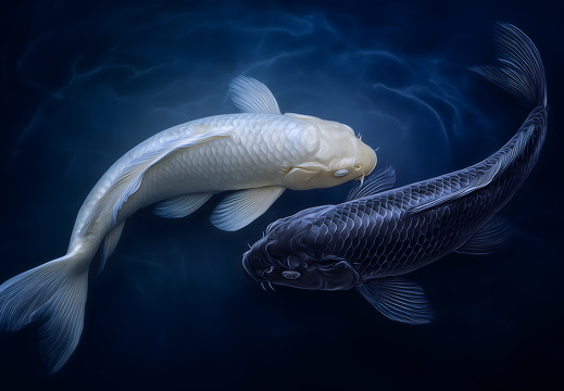 Yin Yang: Schwarzer und weißer Koi Fisch schwimmen im Wasser