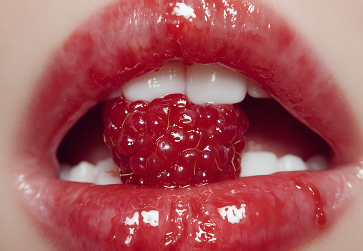 Himbeere zwischen glänzenden Lippen in Nahaufnahme