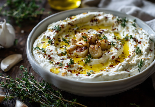 Feta Dip mit Knoblauch und Kräutern in weißer Schale