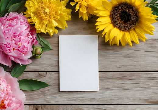 Pfingstgrußkarte mit Sonnenblume und Pfingstrosen auf Holz