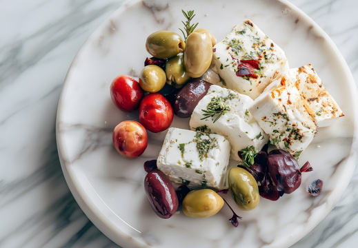 Antipasti mit Feta und Oliven auf Marmorteller