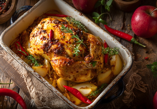 Ofenhähnchen mit Äpfeln und Gewürzen im Bräter