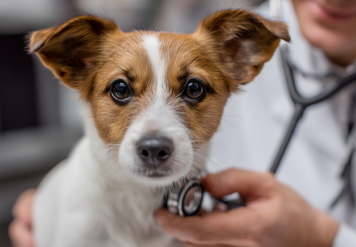 Hund beim Tierarzt mit Stethoskop
