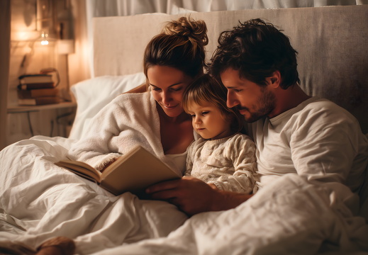 Familie liest gemeinsam ein Buch im Bett