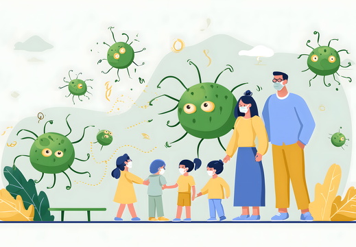 Illustration von Familie mit Masken und Viren