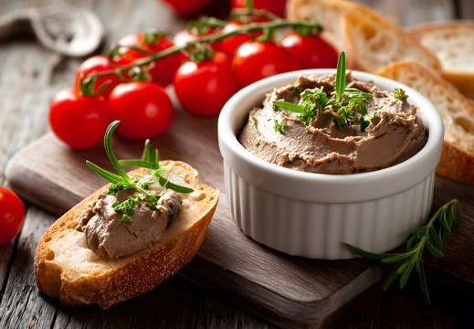 Hühnerleberpastete auf Baguette mit Kräutern