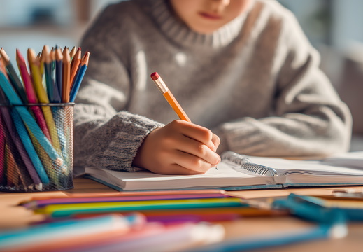 Schüler mit Schreibheft auf Boden sitzend mit bunten Stiften