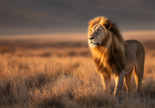 Löwe in der Savanne bei Sonnenuntergang mit majestätischer Mähne