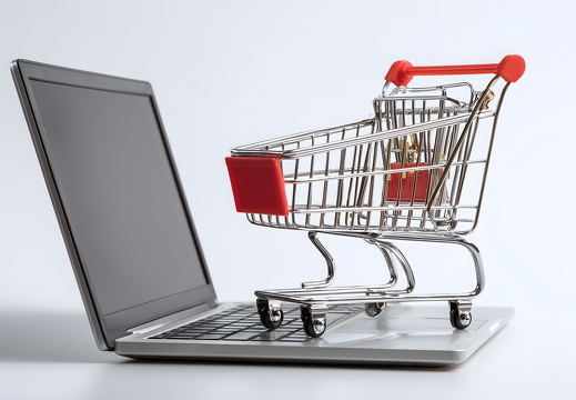 Laptop mit Miniatur Einkaufswagen Symbol für Online Shopping