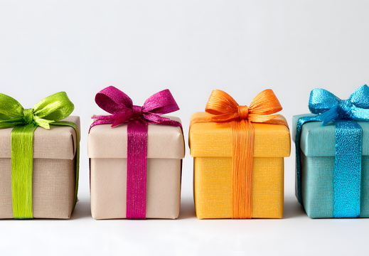 Vier Geschenke in braunem Papier mit Kordel auf Holzhintergrund