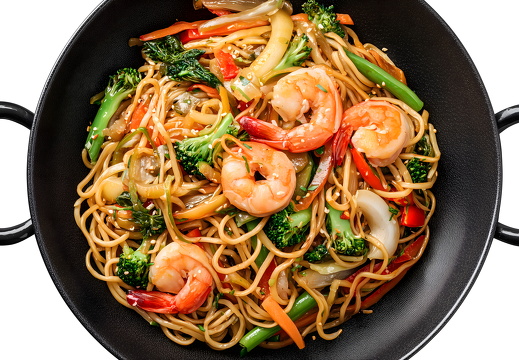 Gebratene Asia-Nudeln mit Garnelen und Gemüse in Pfanne