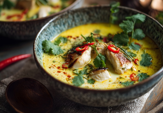 Gelbe Kokossuppe mit Hähnchen und Koriander in weißer Schale
