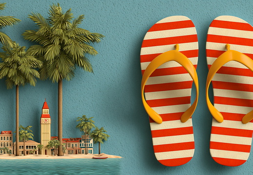 Strandurlaub: Flip Flöps mit Stadt am Meer und Palmen
