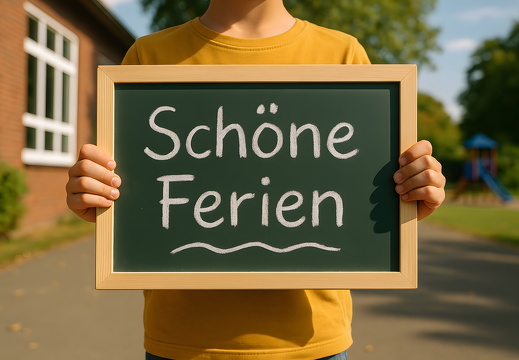 Schöne Ferien Tafel vor Schule mit Kind in gelbem Shirt