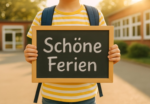 Schulkind mit Tafel Schöne Ferien auf dem Schulhof