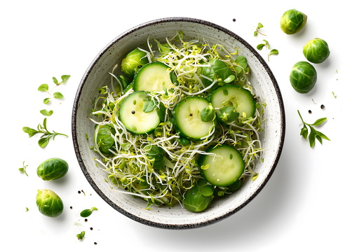 Asia Salat mit Gurke und frischen Sprossen auf weißem Hintergrund