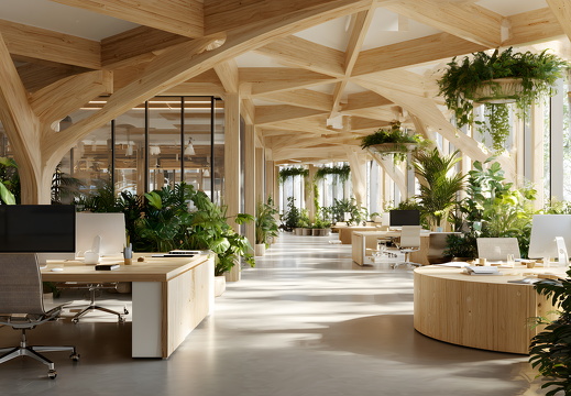 Modernes Biophilic Büro mit Holzstruktur und Pflanzen