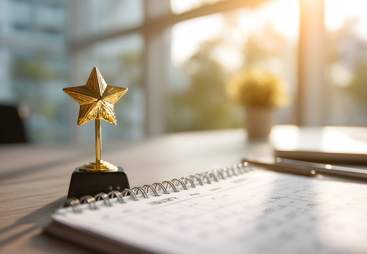 Kalender mit goldener Stern Trophäe auf Schreibtisch im Sonnenlicht