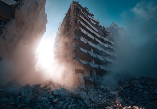 Eingestürztes Hochhaus mit Rauch nach Erdbeben