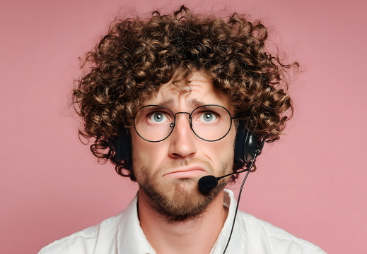 Callcenter Mitarbeiter mit Brille und skeptischem Blick