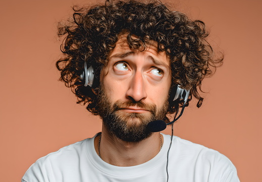 Callcenter Mitarbeiter mit nachdenklichem Blick