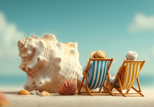 Senioren sitzen am Strand vor riesiger Muschel