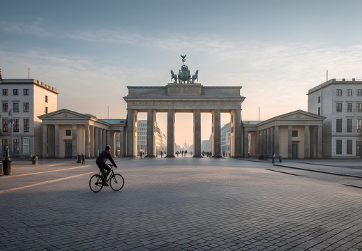 Fahrradfahrer vor Brandenburger Tor in Berlin bei Sonnenuntergang