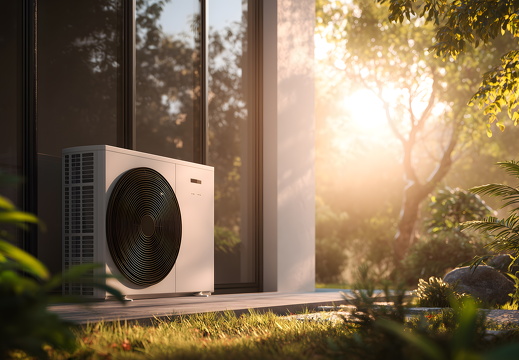 Wärmepumpe vor modernem Haus als nachhaltige Heizlösung