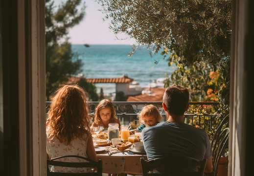 Familie frühstückt auf dem Balkon mit Blick aufs Meer