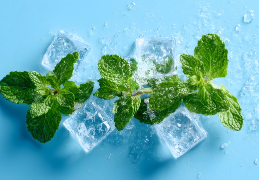 Frische Minzblätter mit Eiswürfeln auf weißem Hintergrund