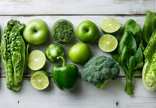 Grünes Gemüse und Obst für Detox auf weißem Holz