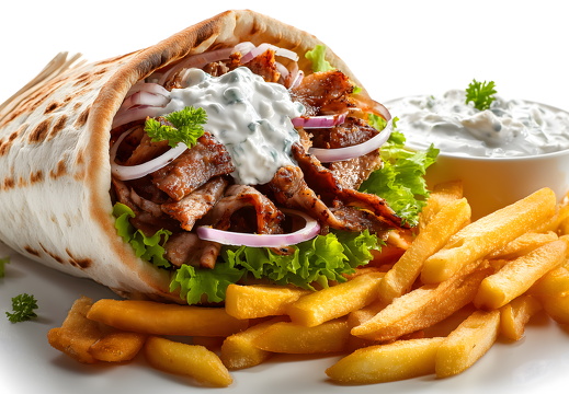 Gyros Pita mit Pommes Zwiebeln und Tzatziki auf weißem Teller