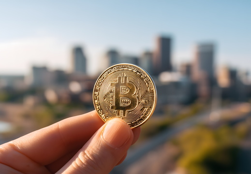 Hand mit Bitcoin Münze vor unscharfer Stadt im Hintergrund