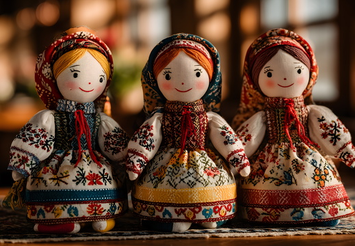 Drei rumänische Stoffpuppen in traditioneller Tracht