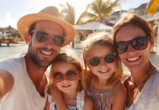 Familie macht Selfie am Strand im Urlaub unter Palmen
