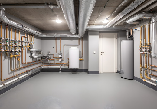 Wärmepumpe mit Rohrsystem im Keller oder Hauswirtschaftsraum