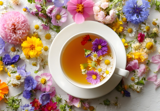Tasse Kräutertee mit bunten Blüten auf weißem Tisch