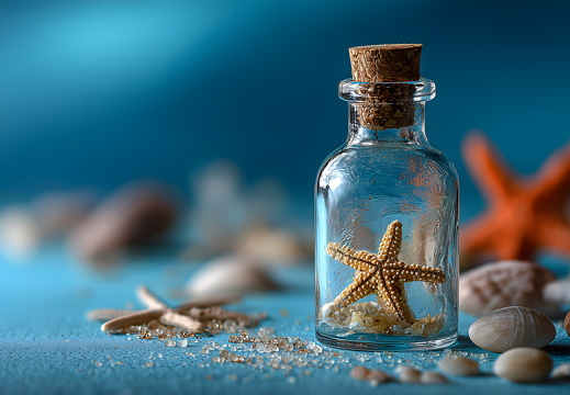 Seestern auf Sand mit Muschel und Meerblick