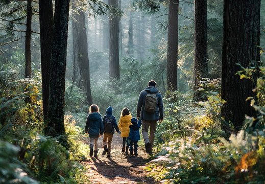 Familienwanderung mit Kindern auf Waldweg im Morgenlicht