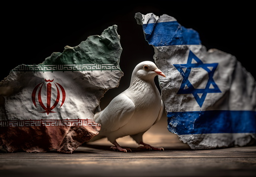 Friedenstaube zwischen iranischer und israelischer Flagge