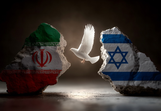 Fliegende Friedenstaube zwischen Israelflagge und Iranflagge