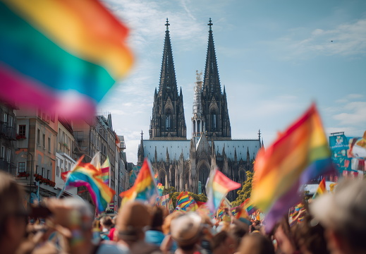 Cologne Pride Parade 2026 mit Regenbogenflaggen vor Kölner Dom