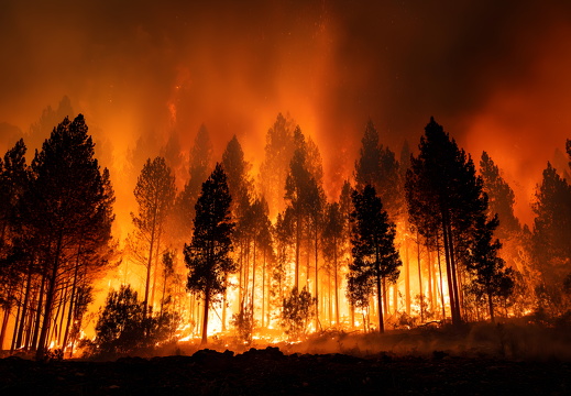 Heftiger Waldbrand mit lodernden Flammen in dichtem Wald