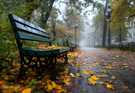 Parkbank im bunten Herbstlaub mit fallenden Blättern im Stadtpark
