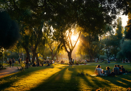 Menschen entspannen auf Rasenfläche im Stadtpark bei Sonnenschein