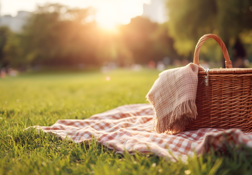 Picknickdecke im Stadtpark mit Getränken und frischem Obst